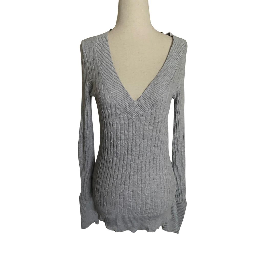 Y2K Express Cable Knit Long Sweater V Neck Old Money Preppy Gray Medium